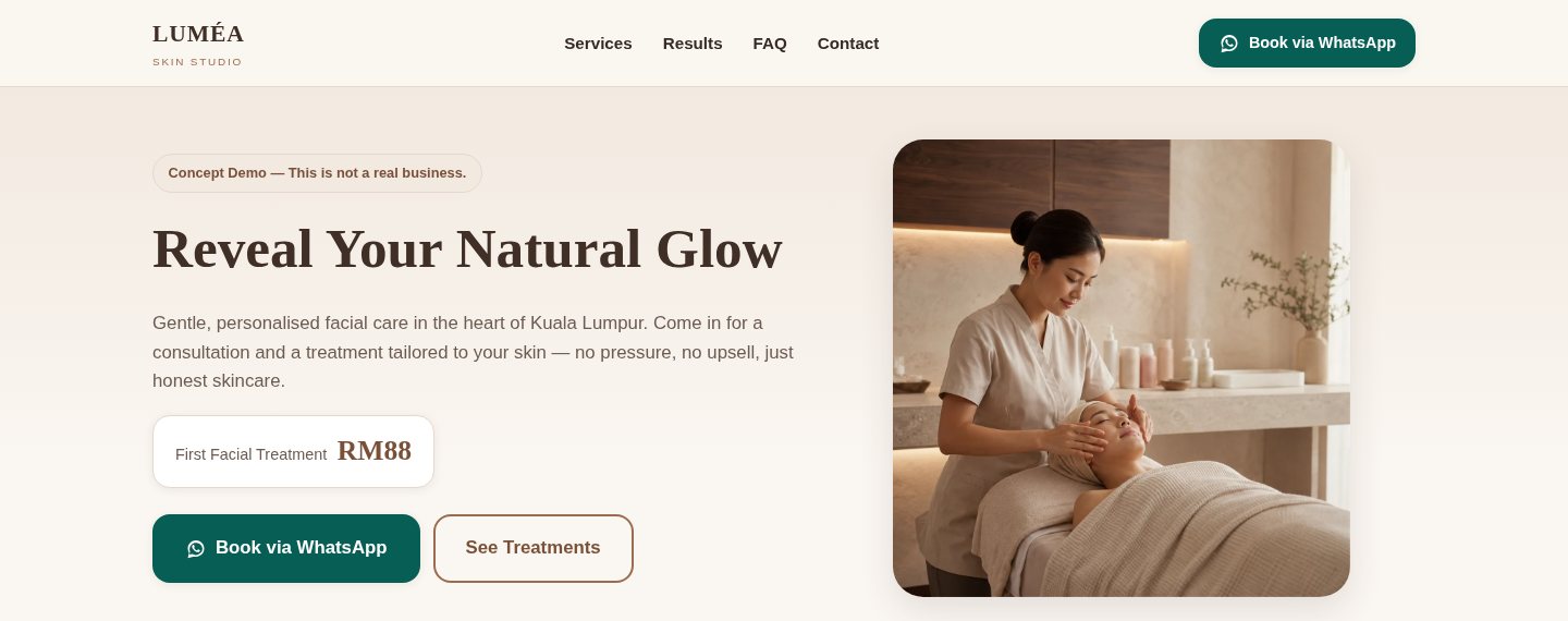 LUMÉA Beauty concept site — header and booking-focused hero