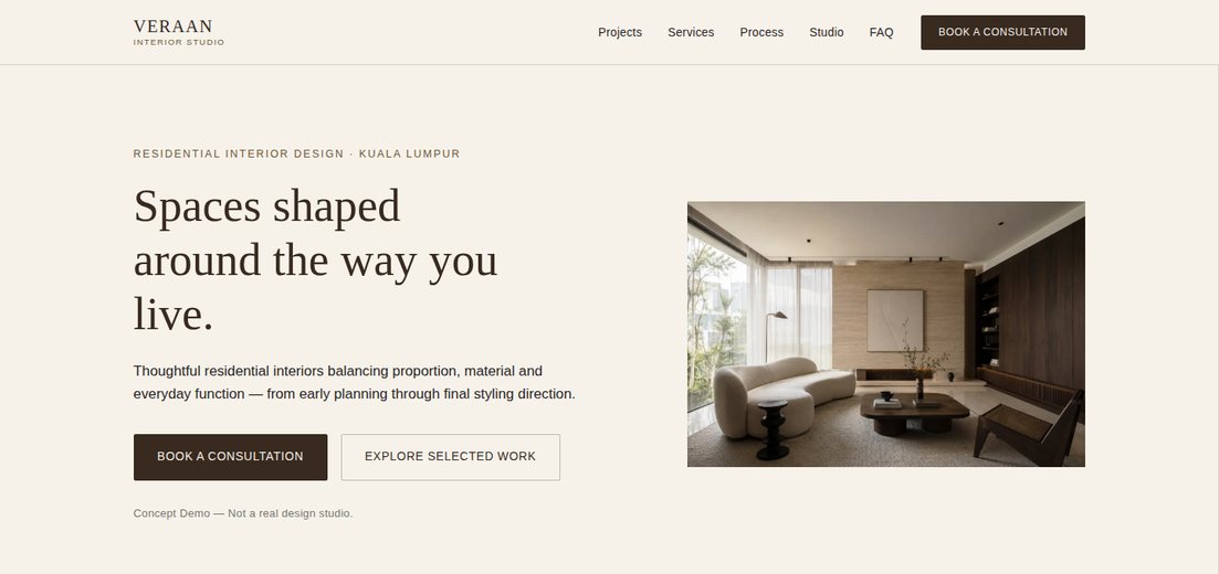 VERAAN Interior Studio concept site — header and residential interior hero