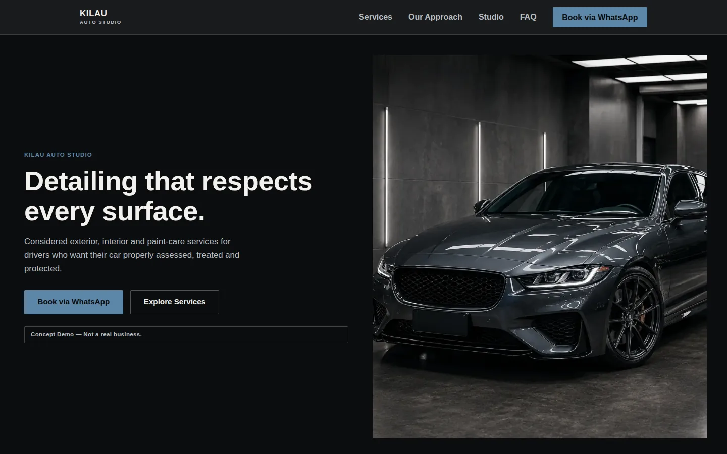 KILAU Auto Studio concept site — dark, detail-driven homepage