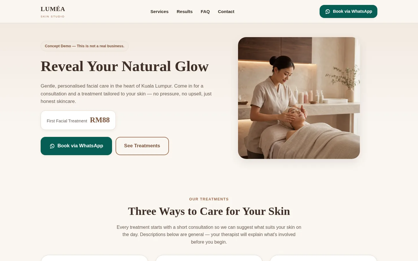 LUMÉA Beauty concept site — header and booking-focused hero