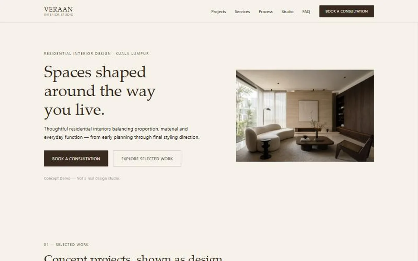 VERAAN Interior Studio concept site — header and residential interior hero